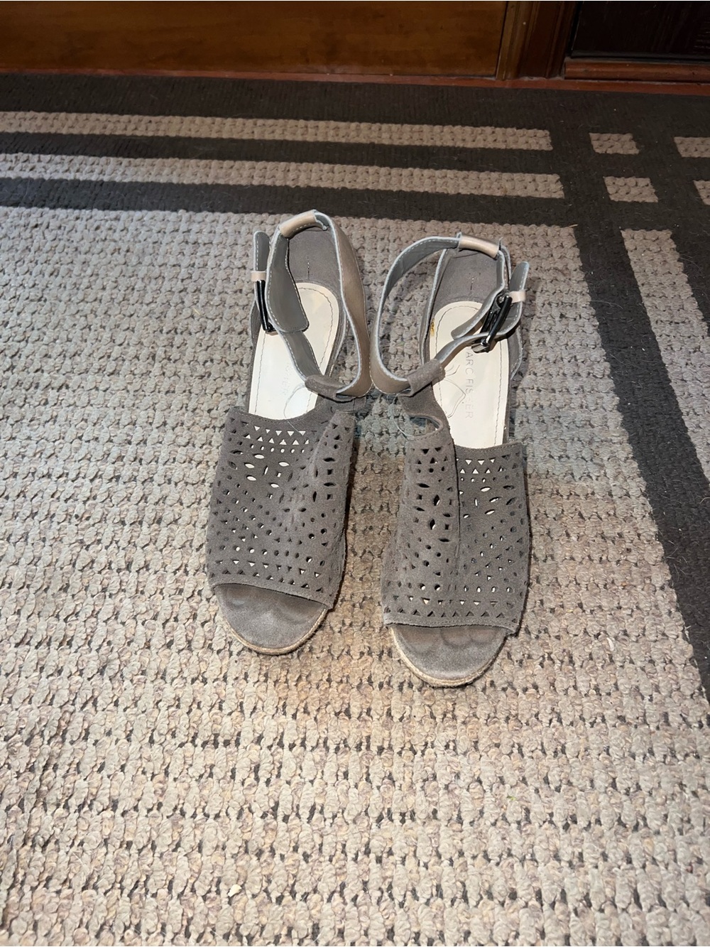 Women's Grey Perforated Peep-Toe Sandals - Comfort Ankle Strap
